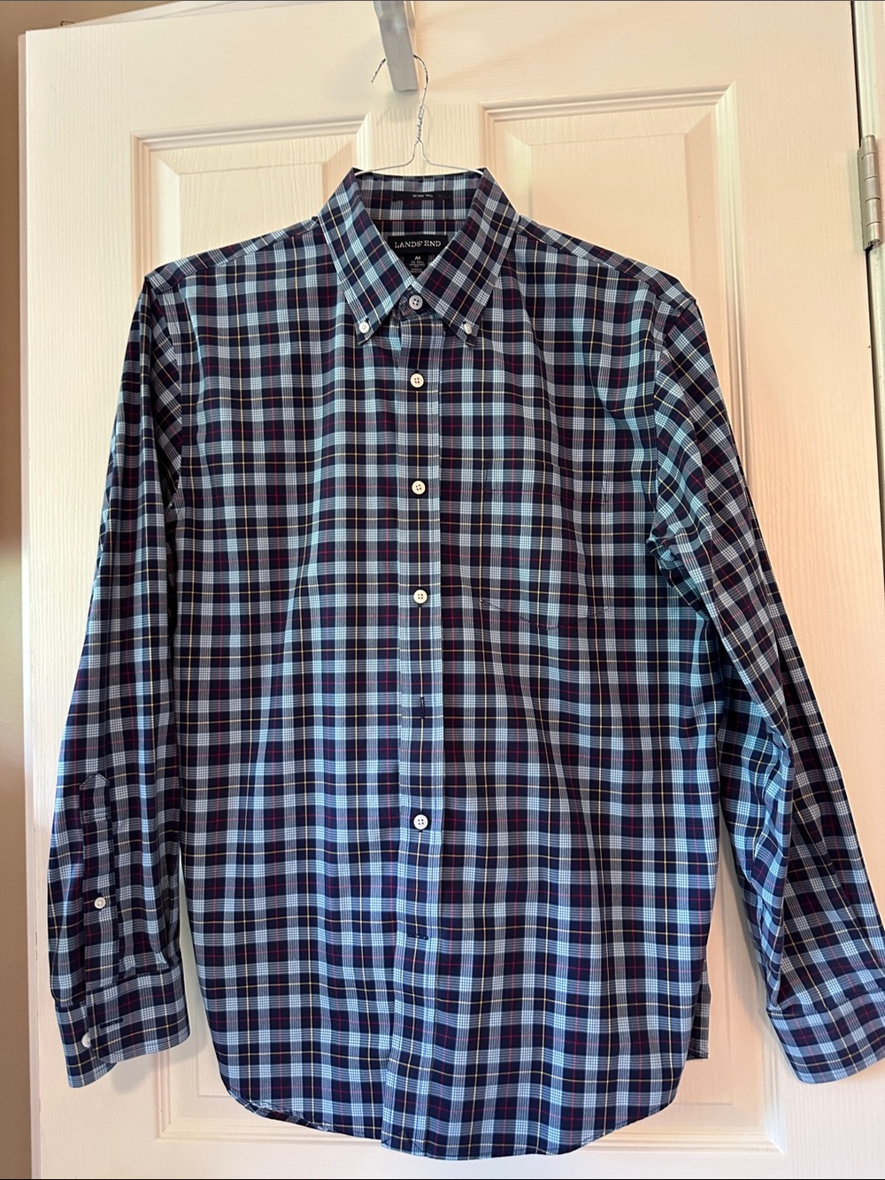 Lands' End Men's Blue and Navy Plaid Button-Down Shirt